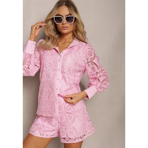 Różowa Klasyczna Koszula z Ażurowego Materiału Aseili ze sklepu Renee odzież w kategorii Koszule damskie - zdjęcie 170140986