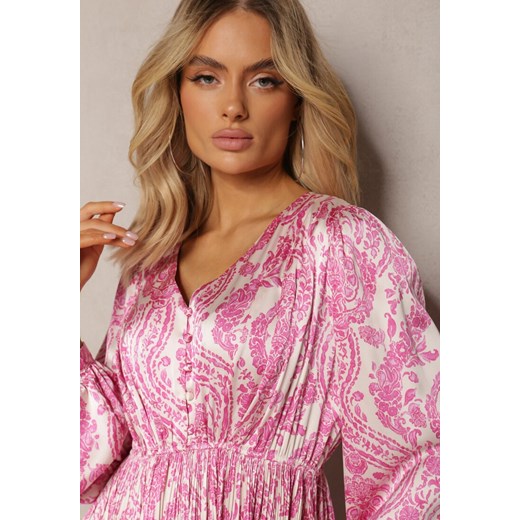 Różowa Rozkloszowana Sukienka z Gumką w Talii i Plisami z Ornamentalnym Printem Renee XL wyprzedaż Renee odzież