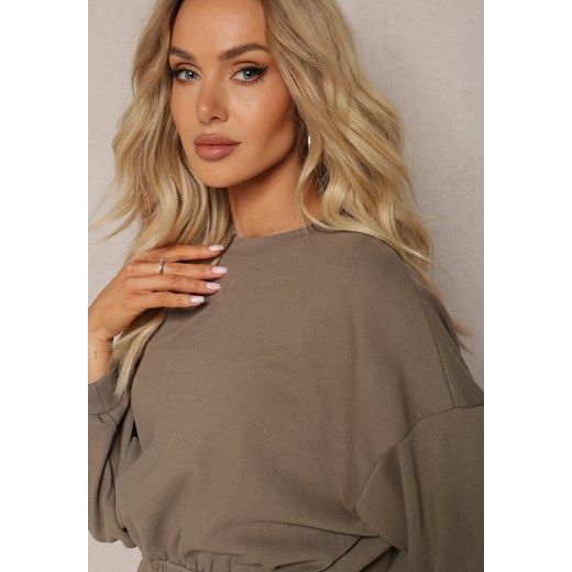 Ciemnozielony Bawełniany Komplet Bluza Krótka ze Ściągaczem i Szerokie Spodnie Renee L okazyjna cena Renee odzież