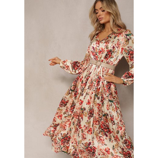 Beżowo-Różowa Rozkloszowana Sukienka Długa z Plisami w Kwiatowy Print Toada ze sklepu Renee odzież w kategorii Sukienki - zdjęcie 170141197