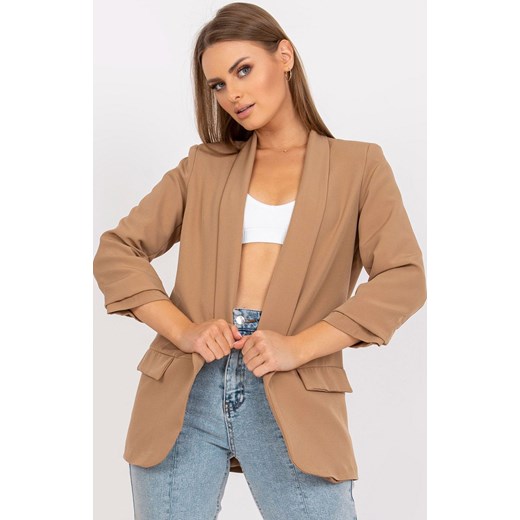 Marynarka damska z marszczonymi rękawami jasnobrązowa DHJ-MA-7684.15P, Kolor jasnobrązowy, Rozmiar XL, ITALY MODA ze sklepu Primodo w kategorii Marynarki damskie - zdjęcie 170149365