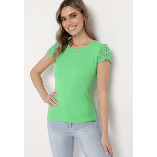 Zielona Bluzka z Bawełny Ozdobiona Koronką na Rękawach i Plecach Orida ze sklepu Born2be Odzież w kategorii Bluzki damskie - zdjęcie 170153238