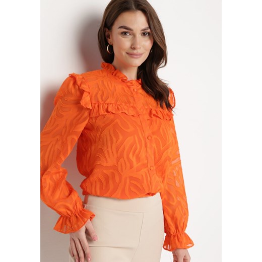 Pomarańczowa Koszula Ozdobiona Falbanką i Abstrakcyjnym Wzorem Nunoria ze sklepu Born2be Odzież w kategorii Koszule damskie - zdjęcie 170153697