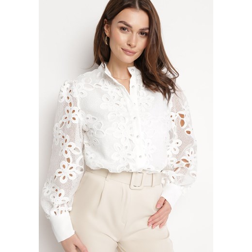 Biała Koszula z Ażurowej Koronki w Kwoaty Rarriana ze sklepu Born2be Odzież w kategorii Koszule damskie - zdjęcie 170153707