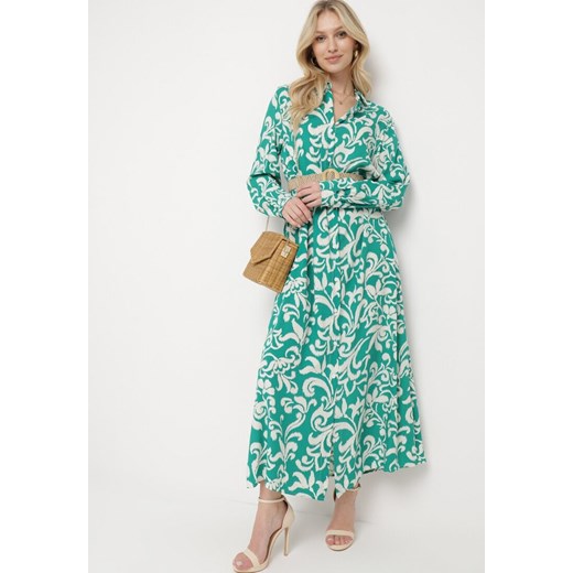 Zielona Koszulowa Sukienka z Wiskozy Ozdobiona Ornamentalnym Wzorem Rulffa ze sklepu Born2be Odzież w kategorii Sukienki - zdjęcie 170184456