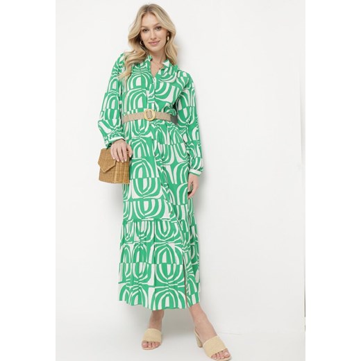 Zielona Sukienka Długa Rozkloszowana w Geometryczny Print o Koszulowym Kroju Verdana ze sklepu Born2be Odzież w kategorii Sukienki - zdjęcie 170184485