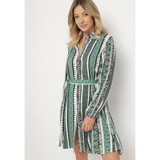 Zielona Sukienka Koszulowa z Wiskozy Rozkloszowana z Materiałowym Paskiem Sigina ze sklepu Born2be Odzież w kategorii Sukienki - zdjęcie 170184645