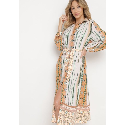 Beżowa Sukienka Koszulowa z Mozaikowym Wzorem i Wiązanym Paskiem Lilimea ze sklepu Born2be Odzież w kategorii Sukienki - zdjęcie 170184735
