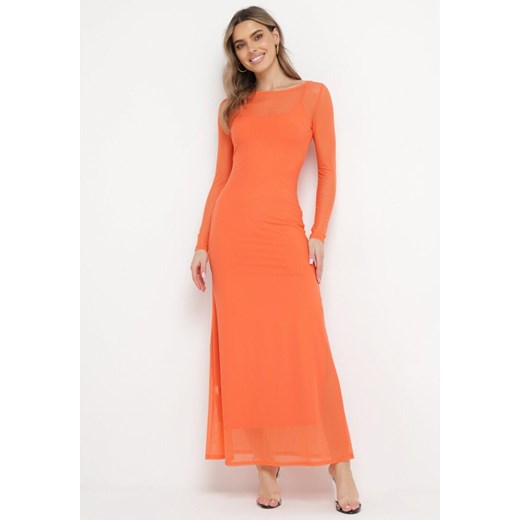 Pomarańczowa Taliowana Sukienka Długa Siateczkowa z Halką Anankella ze sklepu Born2be Odzież w kategorii Sukienki - zdjęcie 170184745