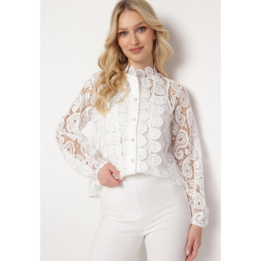 Biała Koszula Koronkowa ze Stójką w Stylu Vintage Drusilia ze sklepu Born2be Odzież w kategorii Koszule damskie - zdjęcie 170184878