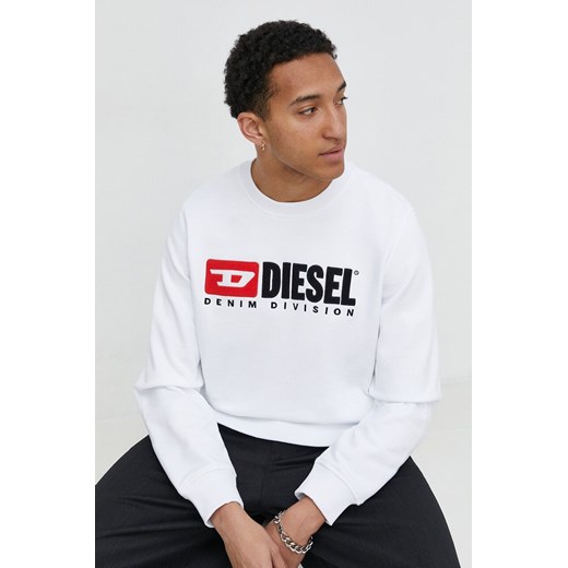 Diesel bluza bawełniana S-GINN-DIV męska kolor biały z aplikacją ze sklepu ANSWEAR.com w kategorii Bluzy męskie - zdjęcie 170215545