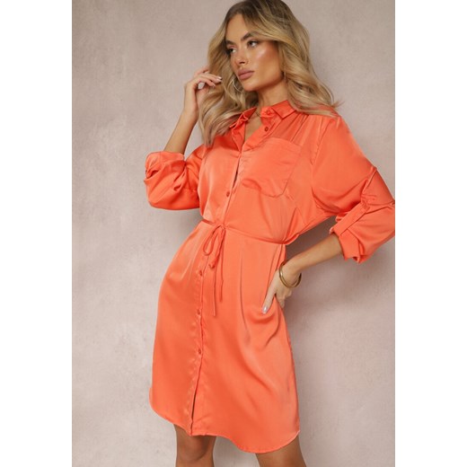 Pomarańczowa Satynowa Sukienka Mini Koszulowa z Materiałowym Paskiem Gwineres ze sklepu Renee odzież w kategorii Sukienki - zdjęcie 170217535