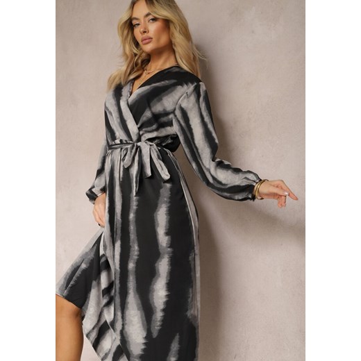 Czarno-Szara Rozkloszowana Sukienka Maxi z Kopertowym Dekoltem i Materiałowym Paskiem Efengia ze sklepu Renee odzież w kategorii Sukienki - zdjęcie 170217545