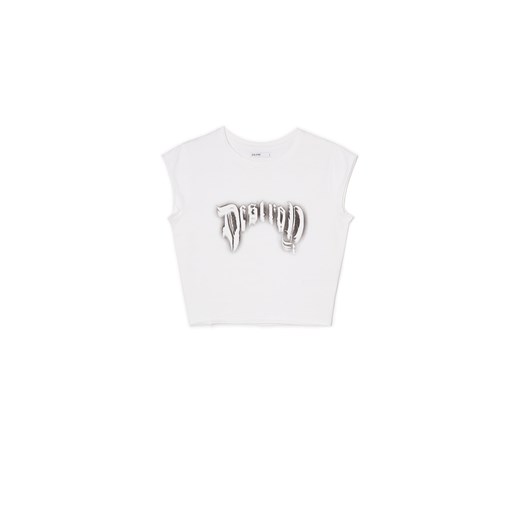 Cropp - Biały krótki t-shirt z nadrukiem - biały ze sklepu Cropp w kategorii Bluzki damskie - zdjęcie 170218429
