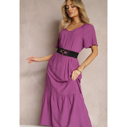 Fioletowa Rozkloszowana Sukienka Maxi z Bawełny z Trójkątnym Dekoltem Nastal ze sklepu Renee odzież w kategorii Sukienki - zdjęcie 170222258