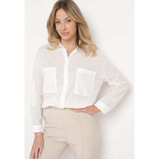 Biała Bawełniana Koszula Klasyczna z Kieszeniami Sasana ze sklepu Born2be Odzież w kategorii Koszule damskie - zdjęcie 170224406