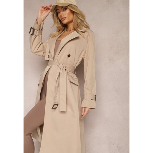 Beżowy Płaszcz Trencz Dwurzędowy Taliowany Paskiem z Patkami na Rękawach Diore ze sklepu Renee odzież w kategorii Płaszcze damskie - zdjęcie 170231388