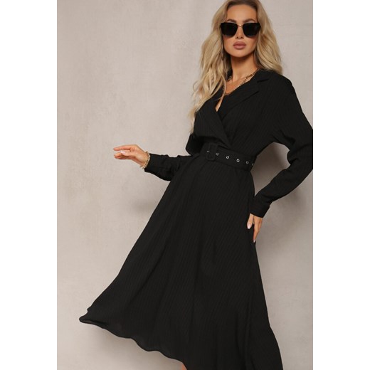 Czarna Sukienka o Rozkloszowanym Fasonie z Paskiem i Kopertowym Dekoltem Tifena ze sklepu Renee odzież w kategorii Sukienki - zdjęcie 170231447