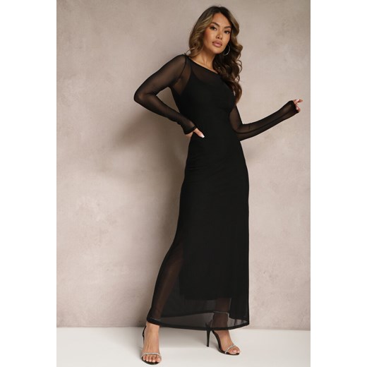 Czarna Siateczkowa Sukienka o Taliowanym Kroju z Halką Manemoma ze sklepu Renee odzież w kategorii Sukienki - zdjęcie 170231479