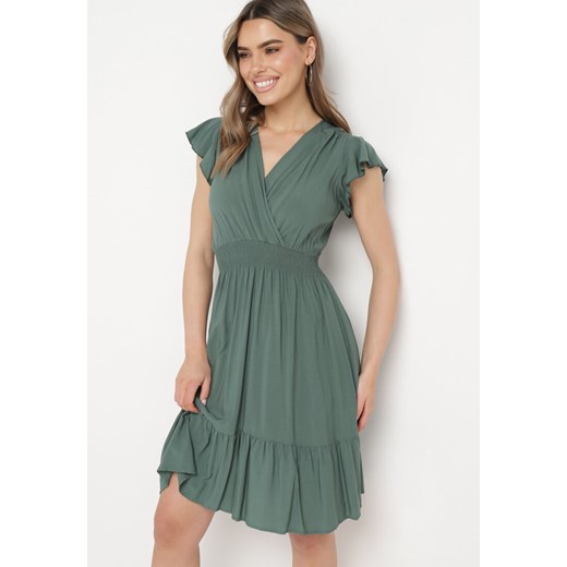 Zielona Bawełniana Sukienka z Szeroką Gumką w Talii i Falbankami Oclarinda ze sklepu Born2be Odzież w kategorii Sukienki - zdjęcie 170232705