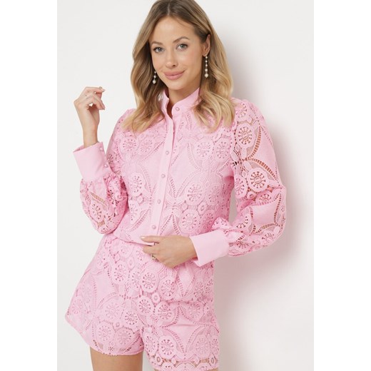 Różowa Koszula Koronkowa w Ażurowe Wzory Saoime ze sklepu Born2be Odzież w kategorii Koszule damskie - zdjęcie 170232965