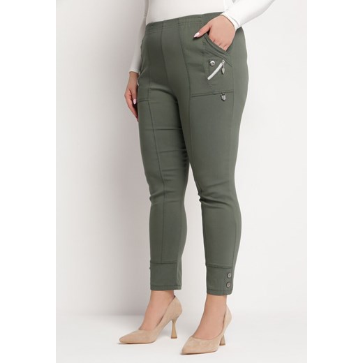 Zielone  Spodnie z Gumką w Talii z Wyższym Stanem i Ozdobnymi Suwakami Ferras ze sklepu Born2be Odzież w kategorii Spodnie damskie - zdjęcie 170233145