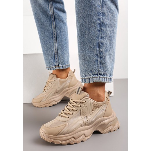 Ciemnobeżowe Sznurowane Sneakersy na Grubej Podeszwie ze Wstawkami z Siateczki Vleni ze sklepu born2be.pl w kategorii Buty sportowe damskie - zdjęcie 170247067