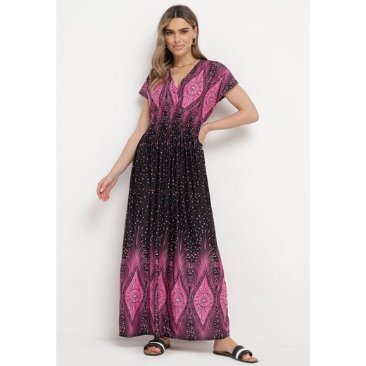 Różowo-Czarna Kopertowa Sukienka Maxi Rozkloszowana z Wiskozy Naveann ze sklepu Born2be Odzież w kategorii Sukienki - zdjęcie 170260067