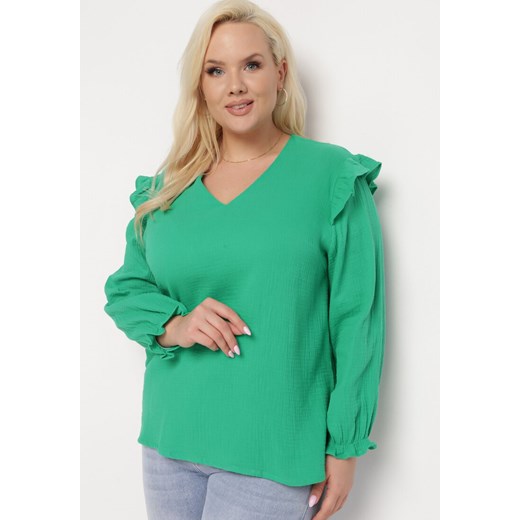 Zielona Bluzka z Bawełny z Długim Rękawem i Falbanką Pixela ze sklepu Born2be Odzież w kategorii Bluzki damskie - zdjęcie 170260576