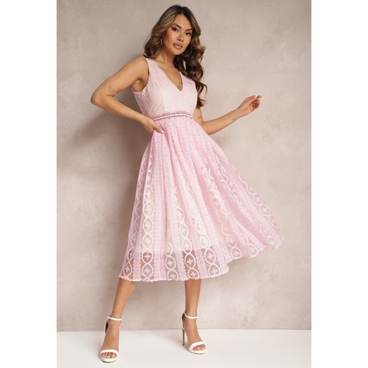 Różowa Plisowana Sukienka na Ramiączkach z Ozdobnym Wzorem i Suwakiem Mirilla ze sklepu Renee odzież w kategorii Sukienki - zdjęcie 170267595