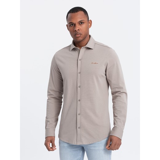 Męska bawełniana koszula REGULAR z dzianiny single jersey - popielata V5 OM-SHCS-0138 ze sklepu ombre w kategorii Koszule męskie - zdjęcie 170270679