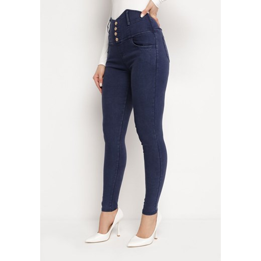 Granatowe Spodnie Jeansowe z Wysoką Talią Paper Bag z Guzikami Prilia ze sklepu Born2be Odzież w kategorii Spodnie damskie - zdjęcie 170300836