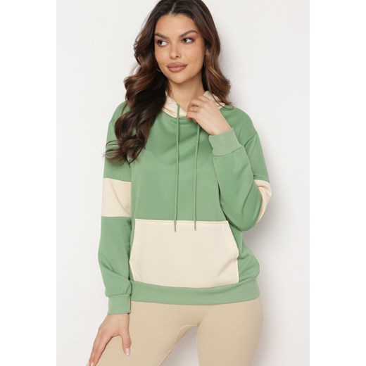 Zielona Bluza Oversize z Kapturem i Kontrastowymi Wstawkami Jevina ze sklepu Born2be Odzież w kategorii Bluzy damskie - zdjęcie 170301307