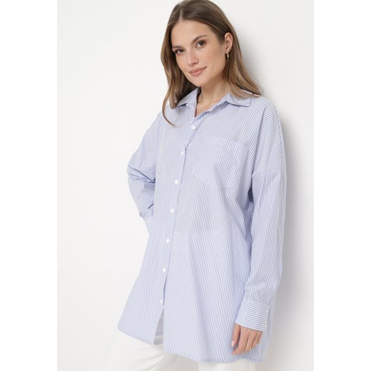 Jasnoniebieska Koszula o Lekko Przedłużonym Fasonie w Drobne Paseczki Bioella ze sklepu Born2be Odzież w kategorii Koszule damskie - zdjęcie 170308789