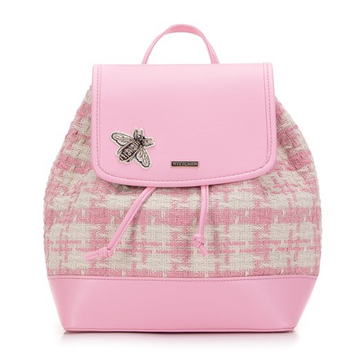 Damski plecak z tkaniny w kratę z błyszczącym owadem beżowo-różowy ze sklepu WITTCHEN w kategorii Plecaki - zdjęcie 170314816