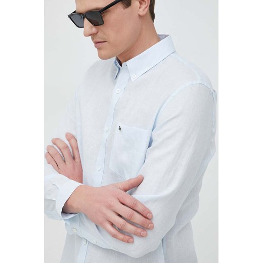 Lacoste koszula lniana kolor niebieski regular z kołnierzykiem button-down ze sklepu PRM w kategorii Koszule męskie - zdjęcie 170329538