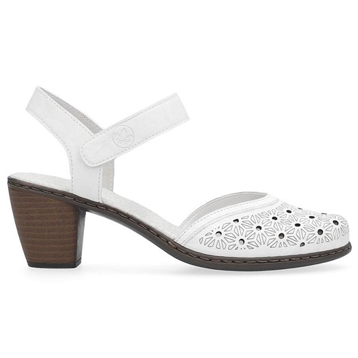 Skórzane komfortowe sandały damskie na obcasie białe Rieker 40991-80 ze sklepu ButyModne.pl w kategorii Sandały damskie - zdjęcie 170335629