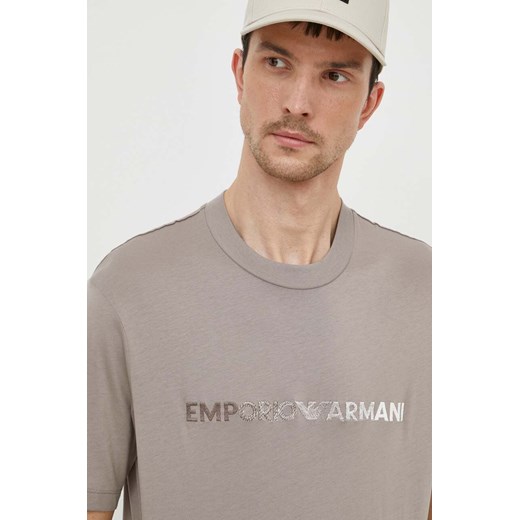 Emporio Armani t-shirt bawełniany męski kolor beżowy z aplikacją 3D1TG3 1JPZZ ze sklepu ANSWEAR.com w kategorii T-shirty męskie - zdjęcie 170339848