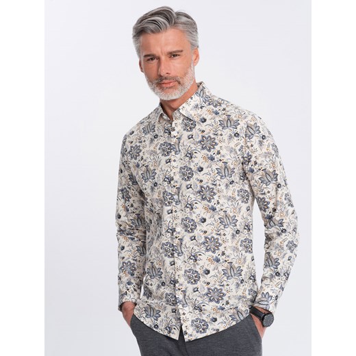 Męska koszula SLIM FIT we wzór florystyczny - beżowo-szara V1 OM-SHPS-0139 ze sklepu ombre w kategorii Koszule męskie - zdjęcie 170340428