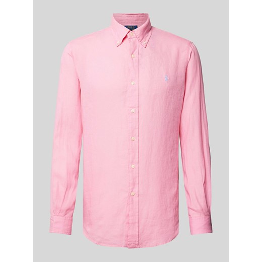 Koszula lniana o kroju custom fit z wyhaftowanym logo ze sklepu Peek&Cloppenburg  w kategorii Koszule męskie - zdjęcie 170342829