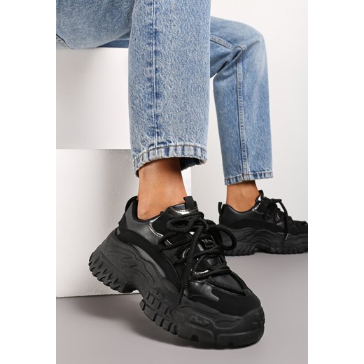 Czarne Sneakersy na Grubej Podeszwie z Ozdobnym Sznurowaniem przed Kostkę Mystarie ze sklepu born2be.pl w kategorii Buty sportowe damskie - zdjęcie 170379379