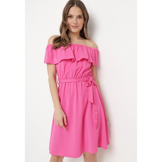 Różowa Hiszpanka Sukienka z Materiałowym Paskiem o Rozkloszowanym Kroju Konielle ze sklepu Born2be Odzież w kategorii Sukienki - zdjęcie 170379968