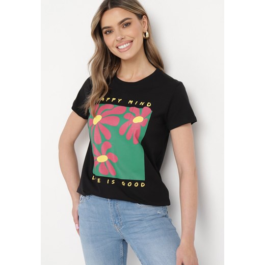 Czarny Bawełniany T-shirt z Kolorowym Nadrukiem Nairita ze sklepu Born2be Odzież w kategorii Bluzki damskie - zdjęcie 170390185