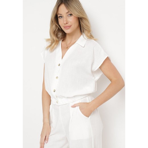 Biała Koszula z Krótkimi Rękawami ze Ściągaczem na Dole Vrefla ze sklepu Born2be Odzież w kategorii Koszule damskie - zdjęcie 170390249