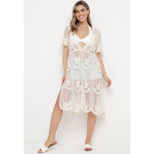 Beżowa Transparentna Sukienka Narzutka Plażowa z Kwiatowym Motywem Erelli ze sklepu Born2be Odzież w kategorii Sukienki - zdjęcie 170390328