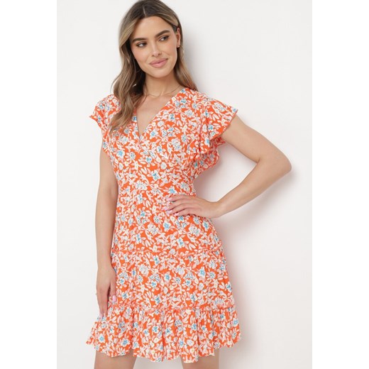 Pomarańczowa Sukienka z Wiskozy w Kwiatowy Wzór z Kopertowym Dekoltem Avafia ze sklepu Born2be Odzież w kategorii Sukienki - zdjęcie 170390507