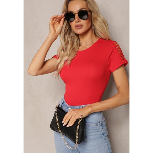 Czerwony T-shirt z Bawełny Ozdobiony Ażurową Koronką Sarille ze sklepu Renee odzież w kategorii Bluzki damskie - zdjęcie 170404298
