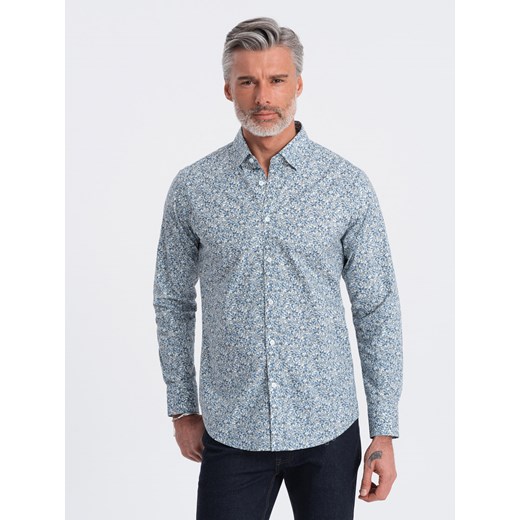 Koszula męska SLIM FIT w print drobnych liści - jasnoniebieska V1 OM-SHPS-0163 ze sklepu ombre w kategorii Koszule męskie - zdjęcie 170405377