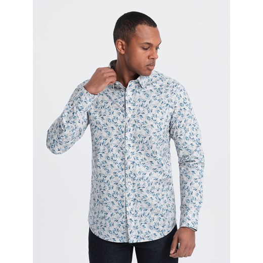 Koszula męska SLIM FIT w print gałązek - niebiesko-szara V2 OM-SHPS-0163 ze sklepu ombre w kategorii Koszule męskie - zdjęcie 170405385