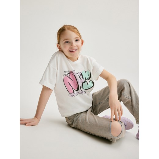 Reserved - T-shirt z nadrukiem - złamana biel ze sklepu Reserved w kategorii Bluzki dziewczęce - zdjęcie 170405636